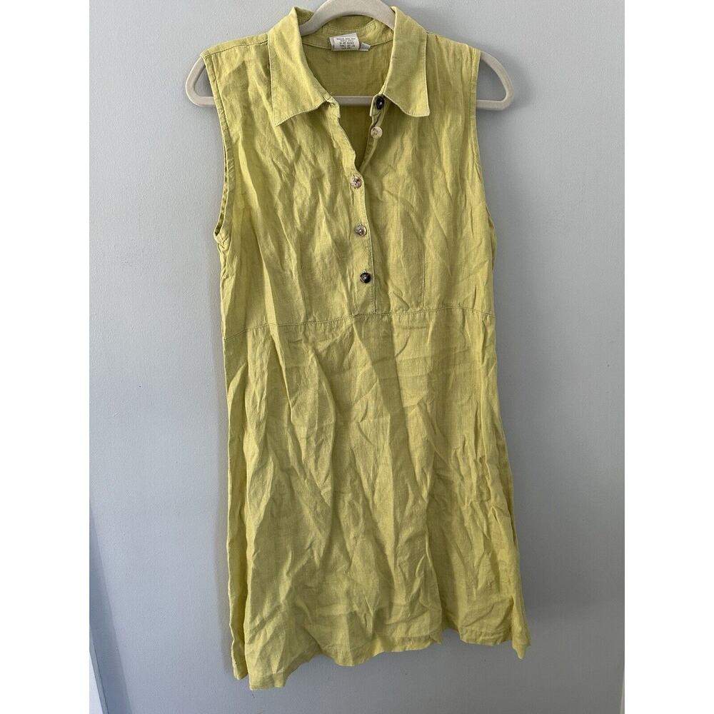 MATCH POINT USA Green Linen Lagenlook Button Up Sleeveless Sun Dress Womens 10